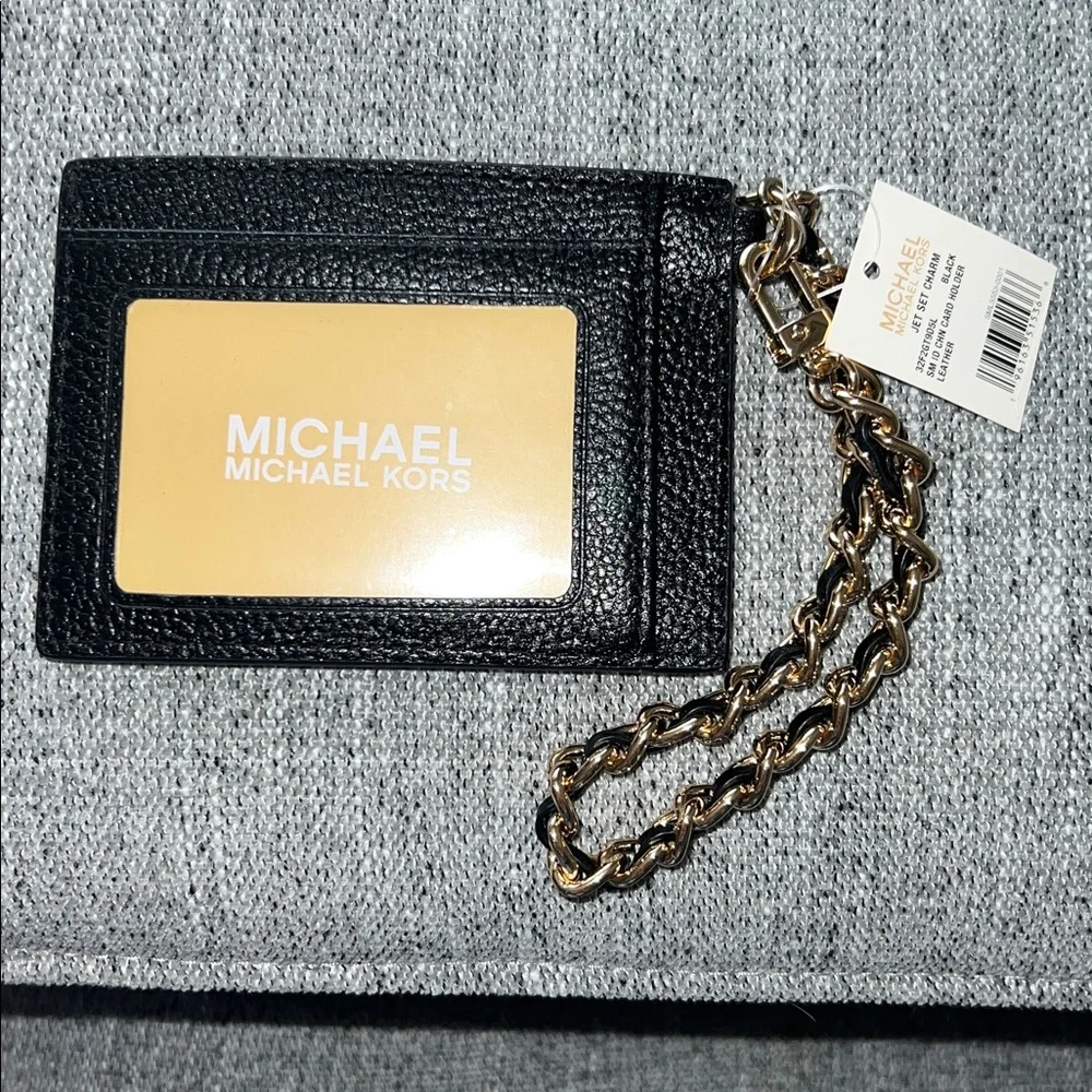 Michael Kors Black and Gold Card Holder Jet Set Charm Leather or wristlet NWT